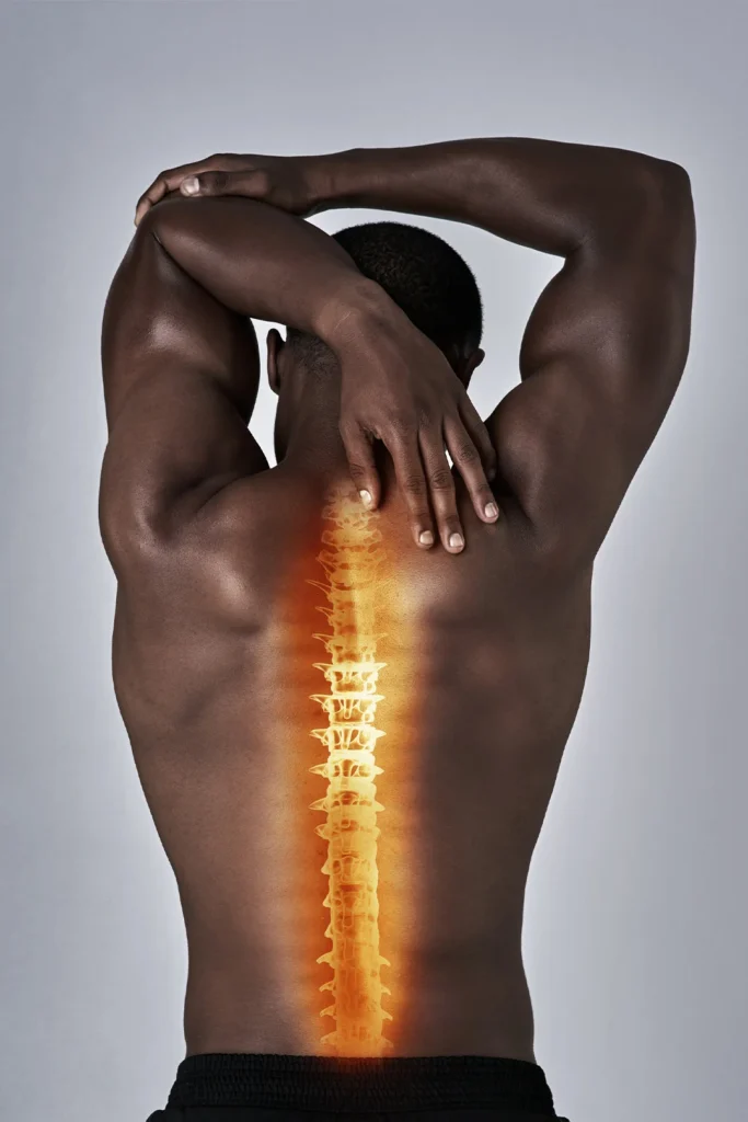 Athletic Man Stretching With Back Turned And Spine Highlighted Orange