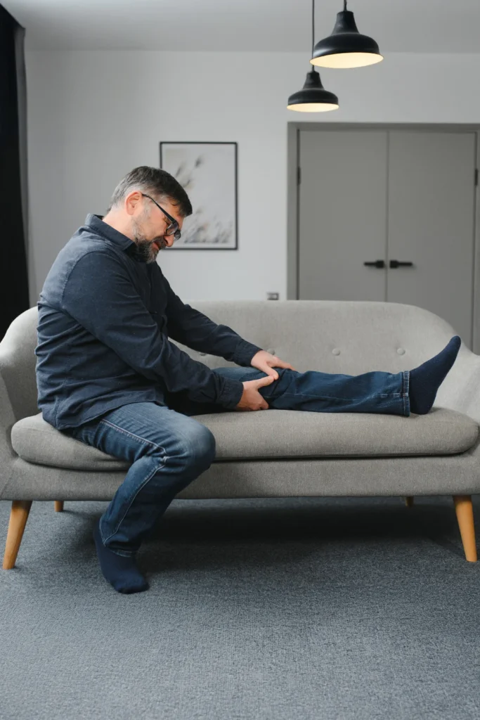 Man Sits On Couch And Holds Leg In Pain